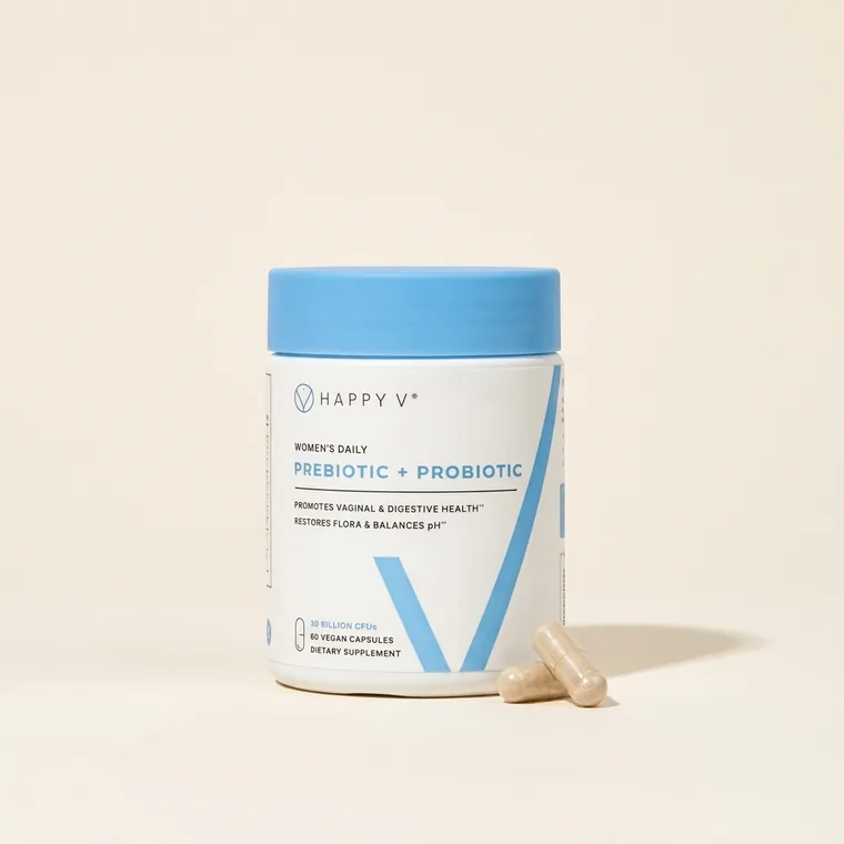 Happy V Prebiotic + Probiotic bottle with capsules