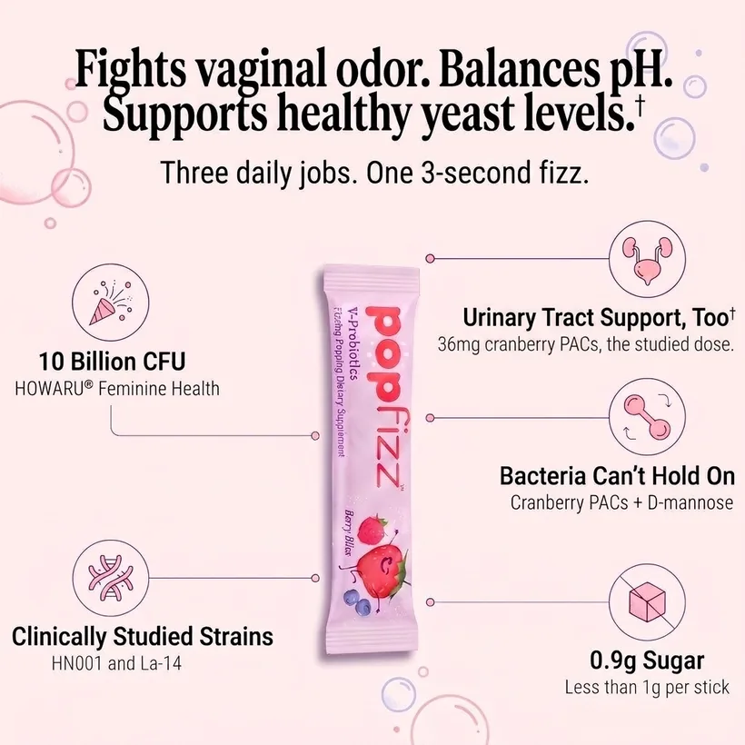 PopFizz stick with its callouts: 10 Billion CFU HOWARU® Feminine Health, clinically studied strains HN001 and La-14, urinary tract support from 36mg cranberry PACs, cranberry PACs + D-mannose, 0.9g sugar